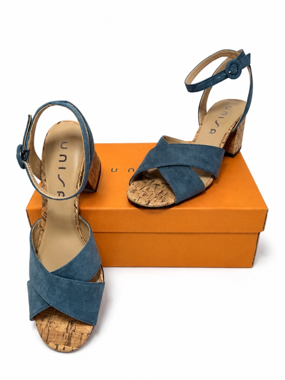 Unisa Women's Denim Open Toe Block Heel Ankle Strap Sandals - NWT